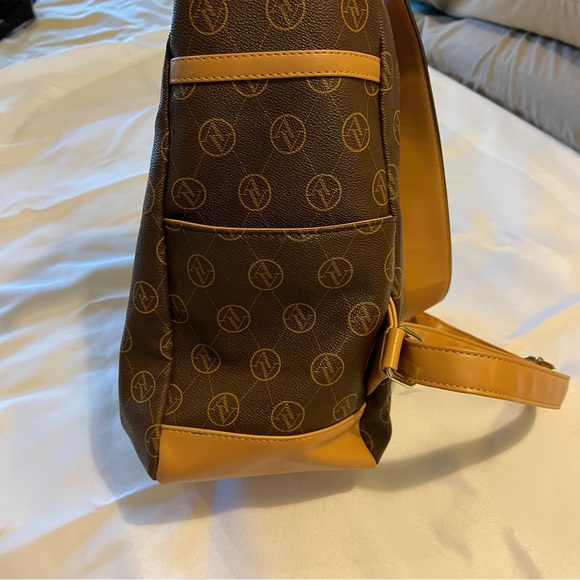 Adrienne Vittadini Brown and Tan Backpack with Orange‎ Trim Drawstring, Magnetic - Picture 4 of 13